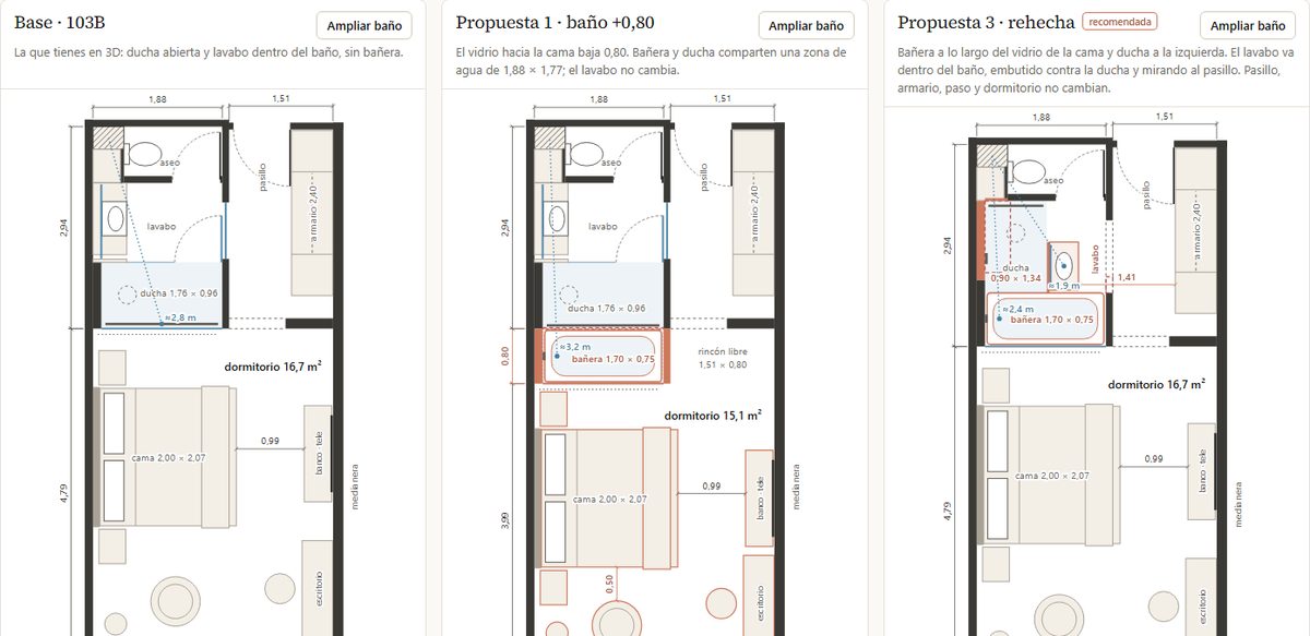 Planos en planta: base 103B, propuesta 1 y propuesta 3